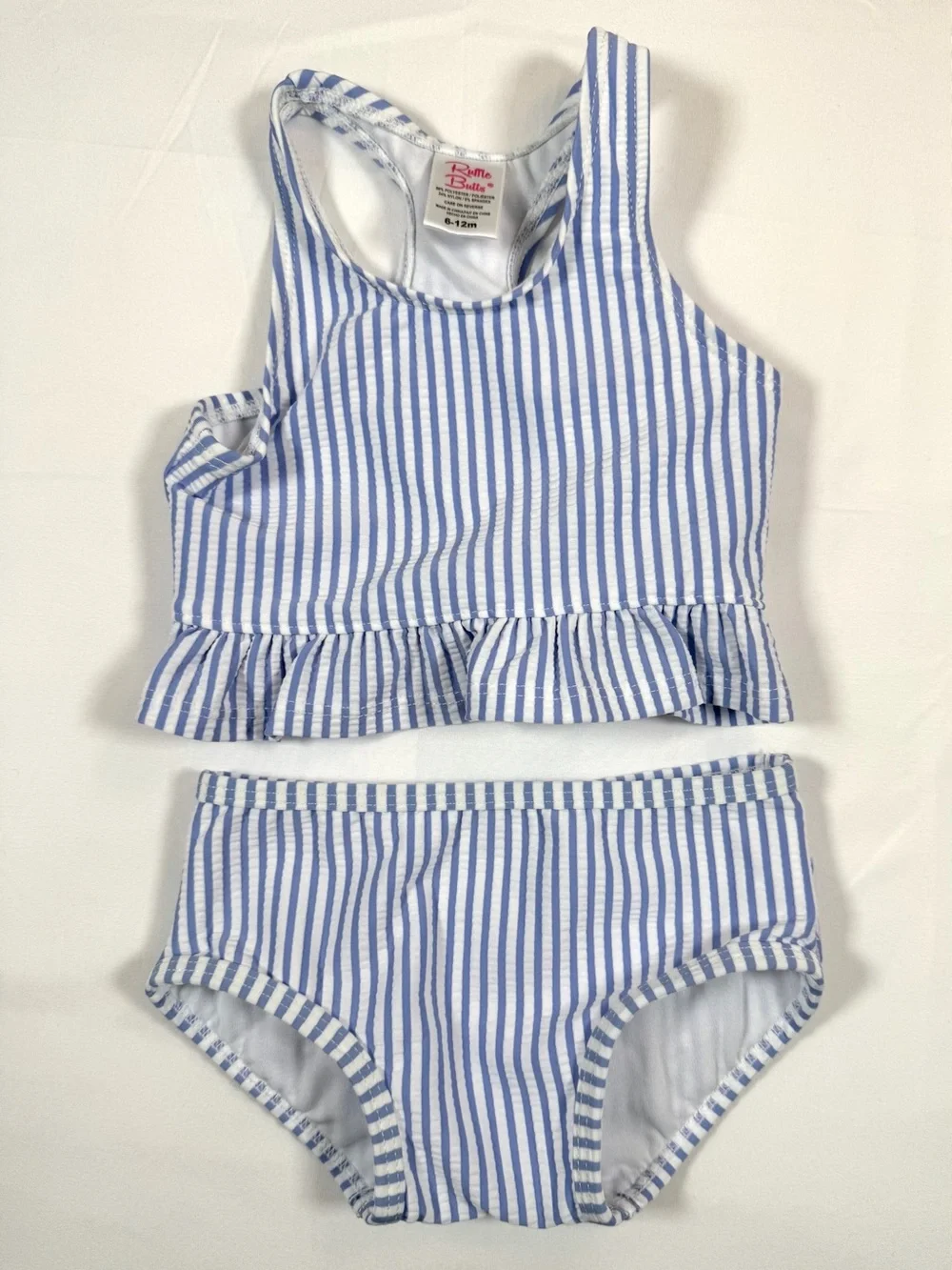 RUFFLE BUTTS Blue White Seersucker Stripe Two Piece Swimsuit Bikini Set 6-12M